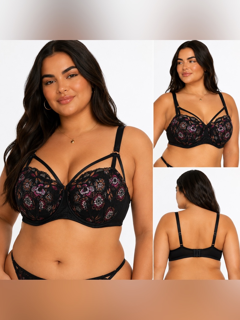 Savage X Fenty Caged Cup Bra Black Floral Lace Strappy Lingerie Sexy Underwire